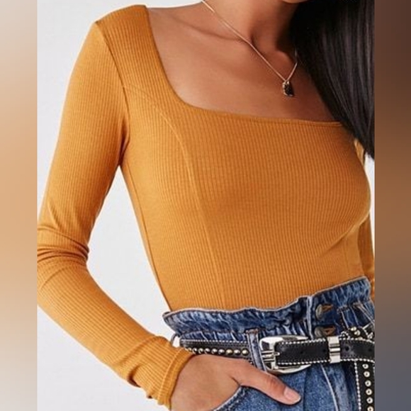 F21 Mustard Yellow Ribbed Scoop Neck Long sleeve💛 - Picture 1 of 9